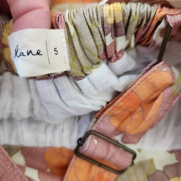 Lacey lane 5t orange 70s floral apron bib overall dress cottage ruffle retro Cot - Picture 6 of 6